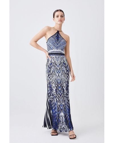 Karen Millen Petite Slinky Knit Mirrored Jacquard Geo Chain Maxi Dress - Blue
