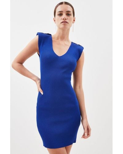 Karen Millen Petite Viscose Blend Rib Knit Military V Neck Power Shoulder Mini Dress - Blue