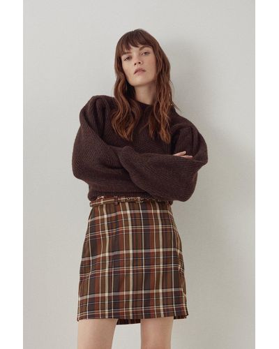 Warehouse Check Mini Belted Pelmet Skirt - Brown