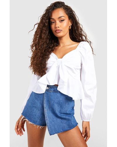Boohoo Bow Front Cotton Poplin Cropped Blouse - White