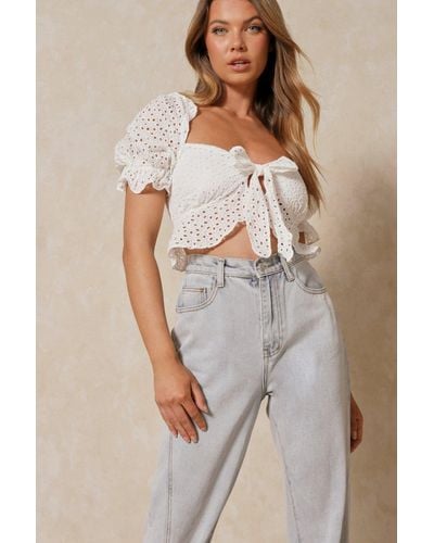 MissPap Broderie Anglaise Tie Front Puff Shoulder Top - Natural