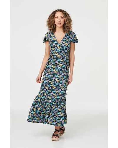 Izabel London Floral Frilled Sleeve Maxi Dress - Blue