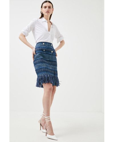 Karen Millen Signature Italian Fringed Tweed Pencil Skirt - Blue