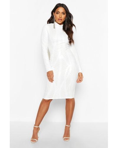 Boohoo Mesh Sequin High Neck Long Sleeve Midi Party Dress - White