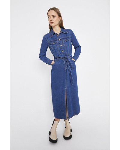 Warehouse Denim Split Front Belted Maxi Dress - Blue