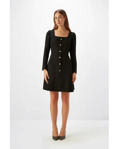 GUSTO Square Neck Dress With Buttons - Black