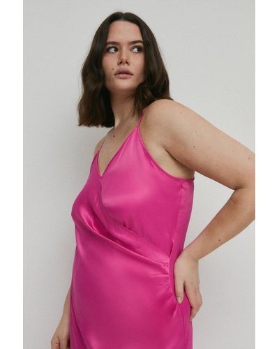 Warehouse Plus Size Satin Wrap Ruched Slip Midi Dress - Pink