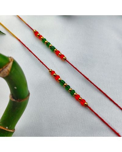 The Colourful Aura Set Of 2 Of Red Beads Slim Thread Rakhi For Raksha Bandhan - Green