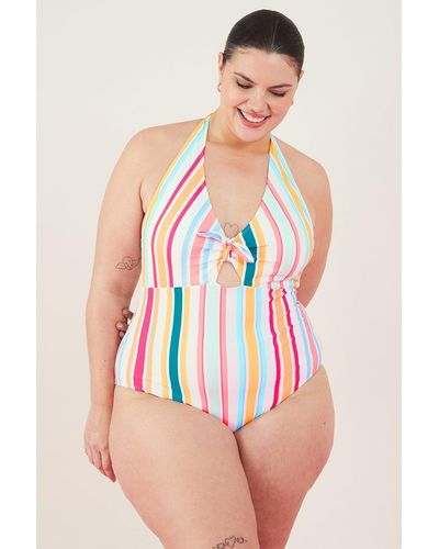 Accessorize Stripe Halter Neck Shaping Swimsuit - Pink