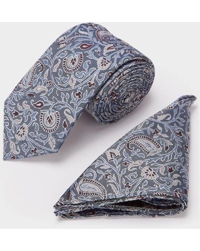 Burton 1904 Blue And Neutral Paisley Silk Tie And Pocket Square Set - Grey