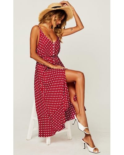 FS Collection Button Down High Low Strappy Dress In Wine Red & White Polka Dot