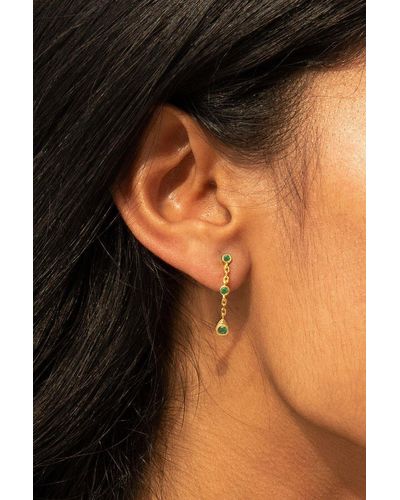 MUCHV Gold Dangle Chain Earrings With Emerald Green Stones - Black