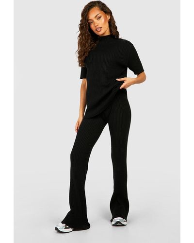 Boohoo Rib Knitted Tunic And Wide Leg Trouser Set - Black