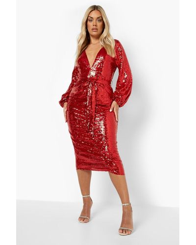 Boohoo Plus Sequin Ruched Belted Midi Dress - Red