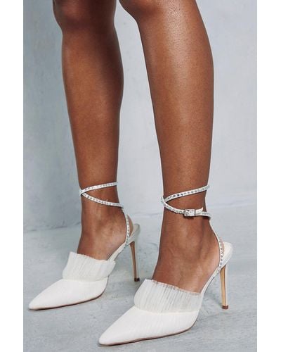 MissPap Diamante Strap Tulle Pointed Heels - White