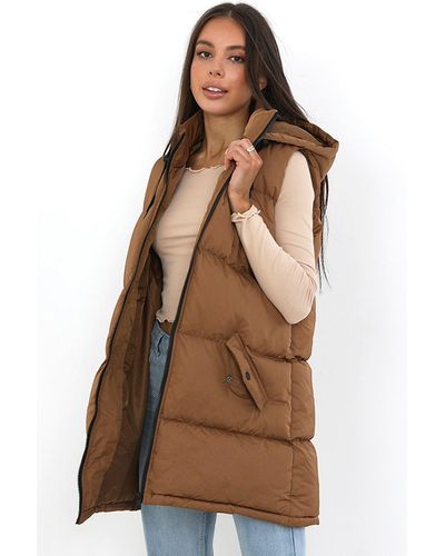 Brave Soul 'cello' Longline Hooded Puffer Gilet - Brown