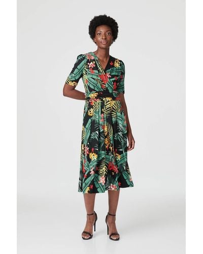 Izabel London Tropical Short Sleeve Ruched Dress - Green
