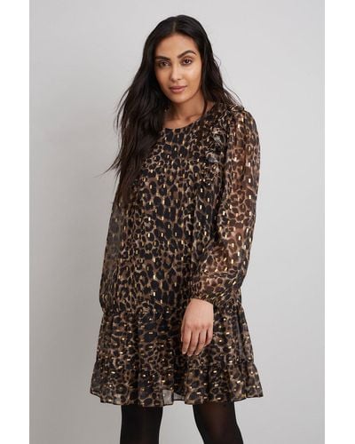 Wallis Petite Metallic Leopard Frill Shift Dress - Brown