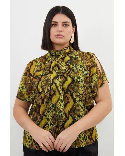 Karen Millen Plus Size Snake Print Georgette Woven Tie Neck Ruffle Blouse - Green