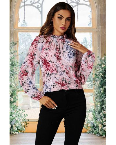 FS Collection Floral Print Long Sleeve Frill High Neck Top In Pink - Red