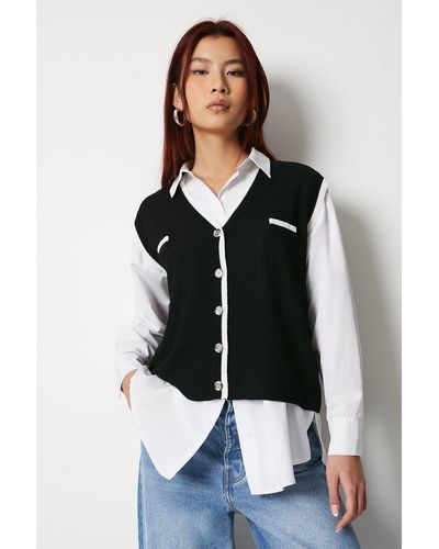 Warehouse Knitted Mono Button Through Waistcoat - Black