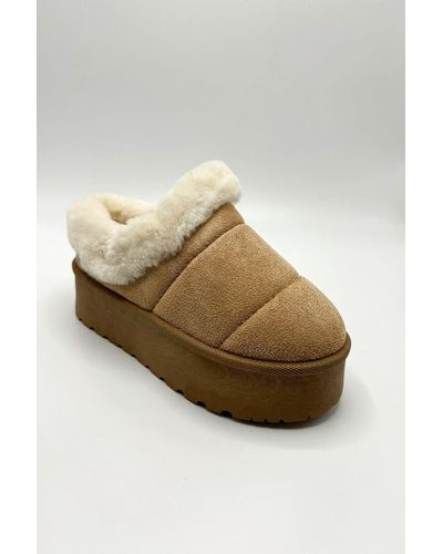 Miss Diva Felpa Faux Fur Quilted Flatform Slippers - Natural