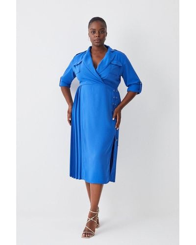 Karen Millen Plus Size Soft Tailored Lace Up Pleated Shirt Dress - Blue
