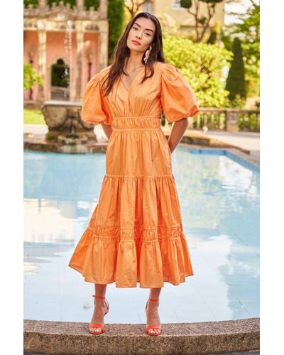 ANOTHER SUNDAY Tiered Midi Dress With Puff Sleeves In Orange