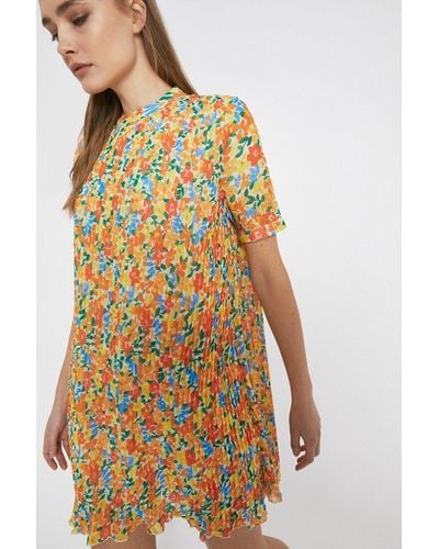 Warehouse Floral Pleated Mini Dress With Short Sleeve - Yellow