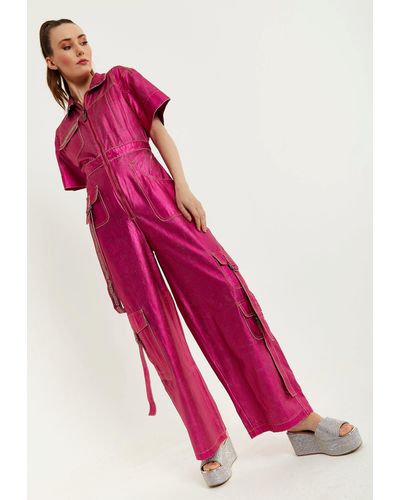 House of Holland Metallic Utility Jumpsuit In Fuchsia - Pink