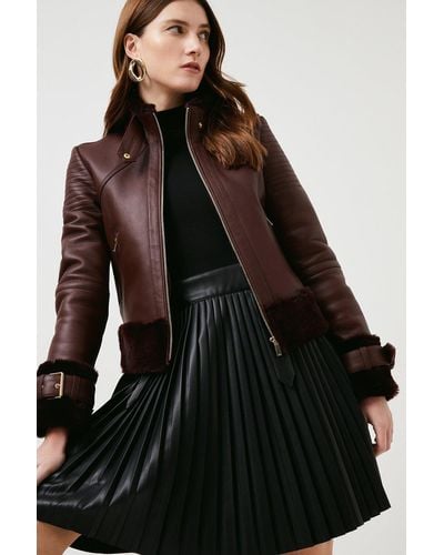 Karen Millen Shearling & Leather Biker Jacket - Black