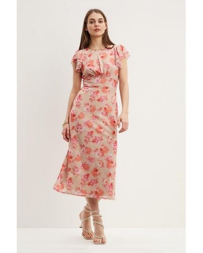 Dorothy Perkins Pink Floral Mesh Midi Dress