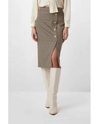 GUSTO Houndstooth Skirt With Buttons - Brown