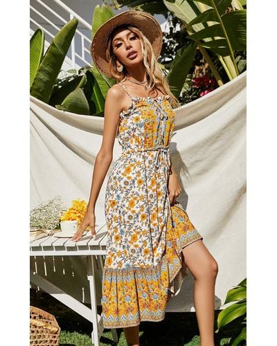 FS Collection Yellow & Blue Floral Button Front Strappy Midi Dress In White