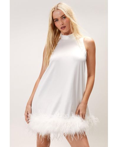 Nasty Gal Satin Feather Swing Dress - White