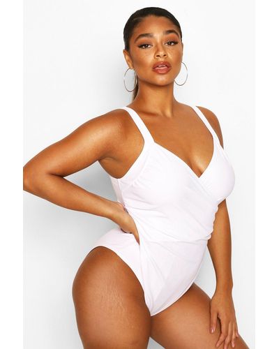 Boohoo Plus Ruched Wrap Front Swimsuit - Brown