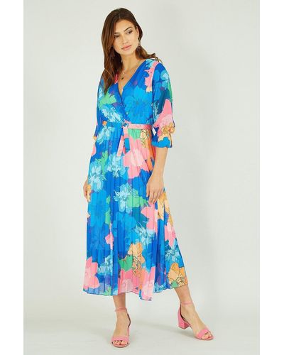 Yumi' Blue Tropical Floral Midi Pleated Dress With Belt