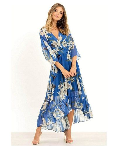 Yumi' Urban Blue Floral Print Kimono Midi Wrap Dress