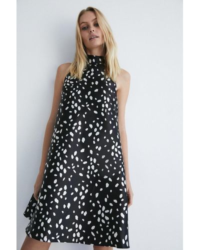 Warehouse Dalmatian Print Satin Twill Bow Back A Line Mini Dress - White