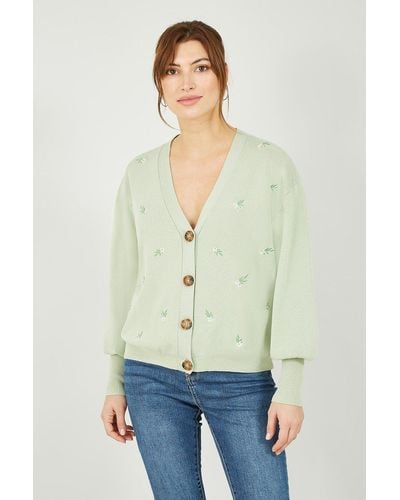 Yumi' Soft Green Knitted Embroidered Daisy Cardigan