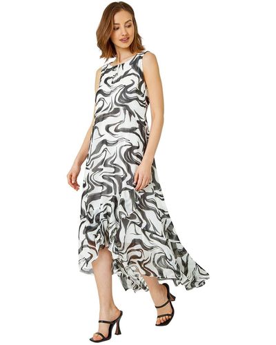 Roman Swirl Print Chiffon Midi Dress - White