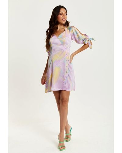 Liquorish Mini Abstract Brush Stroke Print Dress With V Neck, Tie Back And Tie Sleeves In Lilac - Natural