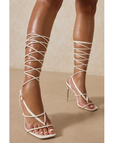 MissPap Leather Look Strappy Lace Up Heels - Natural