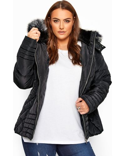 Yours Black Pu Trim Panelled Puffer Jacket