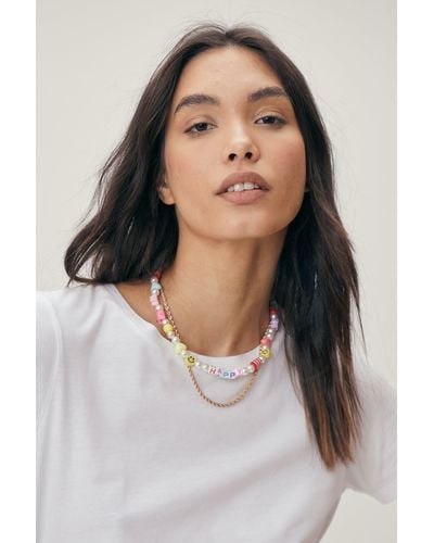 Nasty Gal 2 Layer Chain And Acrylic Beaded Necklace - White