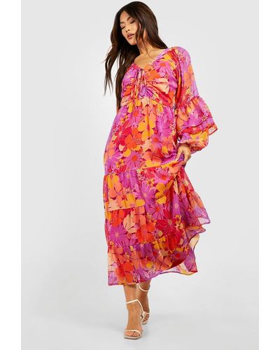 Boohoo Floral Chiffon Tiered Midi Dress