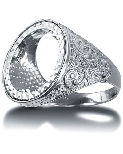 Jewelco London Silver Floral Engraved Full Sovereign Mount Ring - Arn116-f - Grey