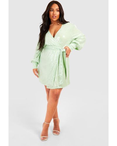 Boohoo Plus Sequin Wrap Dress - Green
