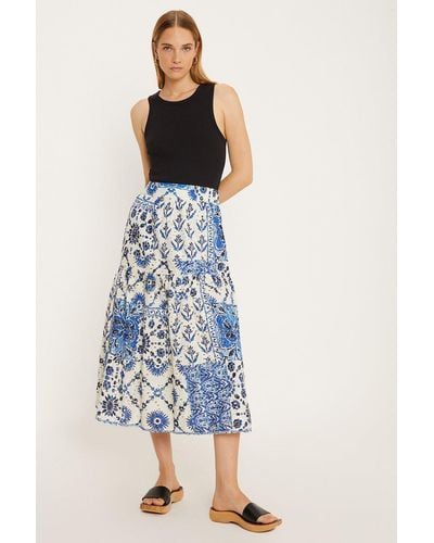 Oasis Blue Printed Broderie Tiered Midi Skirt