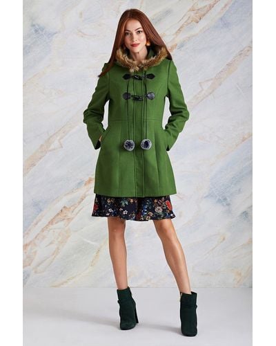 Yumi' Green 'eilish' Duffle Coat With Fur Trim Hood